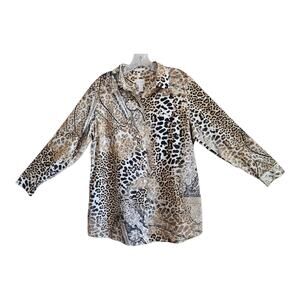 CHICO'S 2 Women Petite 12 14 Blouse Animal Print Brown Long Sleeve No Iron 42"